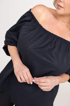 Damskie Włoski Czarna błyszcząca Bluzka z marszczonymi rękawami VENSI