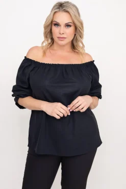 Damskie Włoski Czarna błyszcząca Bluzka z marszczonymi rękawami VENSI