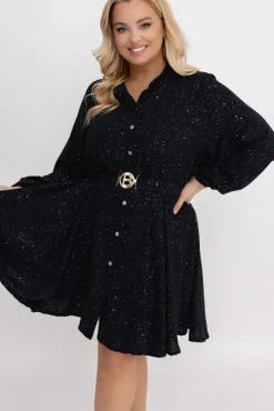 Włoski Czarna błyszcząca Sukienka z paskiem RESTORI