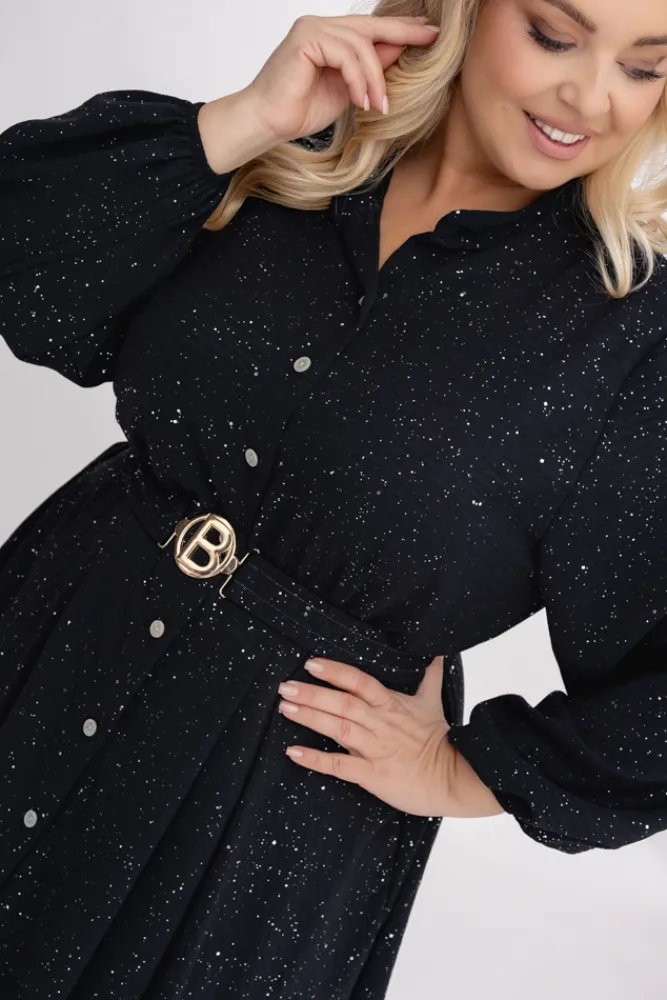 Włoski Czarna błyszcząca Sukienka z paskiem RESTORI