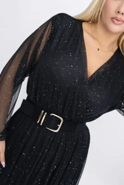 Włoski Czarna błyszcząca Sukienka siateczkowa SAPRI