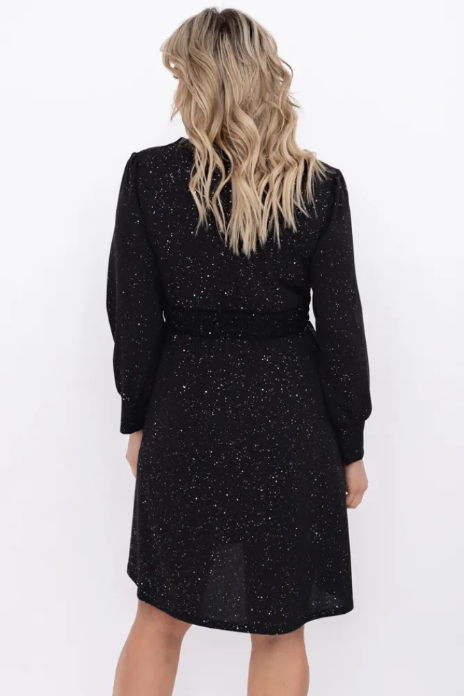 Włoski Czarna błyszcząca Sukienka z paskiem SARMANIA