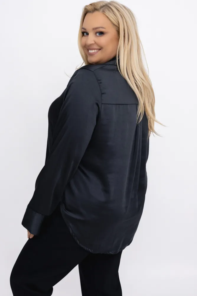 Damskie Włoski Czarna Koszula satynowa TROGEDO