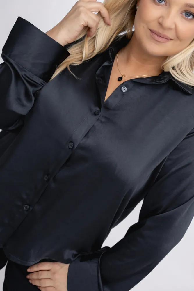 Damskie Włoski Czarna Koszula satynowa TROGEDO