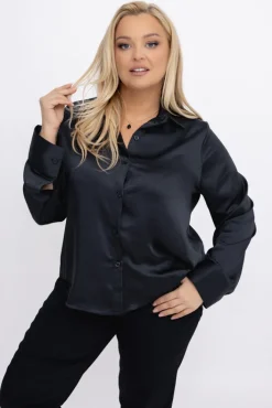 Damskie Włoski Czarna Koszula satynowa TROGEDO