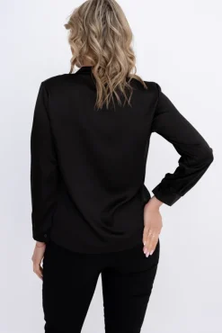 Damskie Włoski Czarna Koszula satynowa z żabotem KIZURI