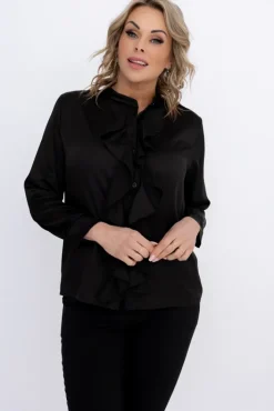 Damskie Włoski Czarna Koszula satynowa z żabotem KIZURI
