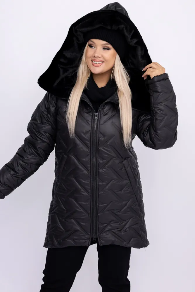 Damskie Polski Czarna Kurtka ocieplana z kapturem SAVERI
