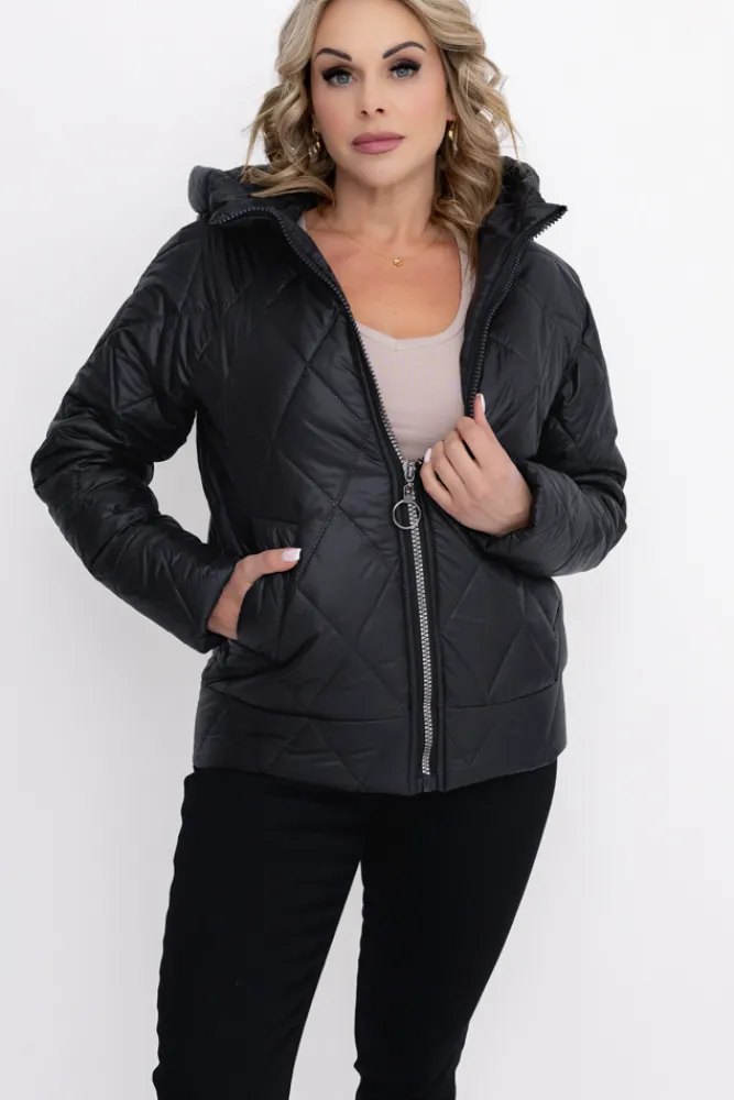 Damskie Polski Czarna Kurtka pikowana z kapturem MERMENDI