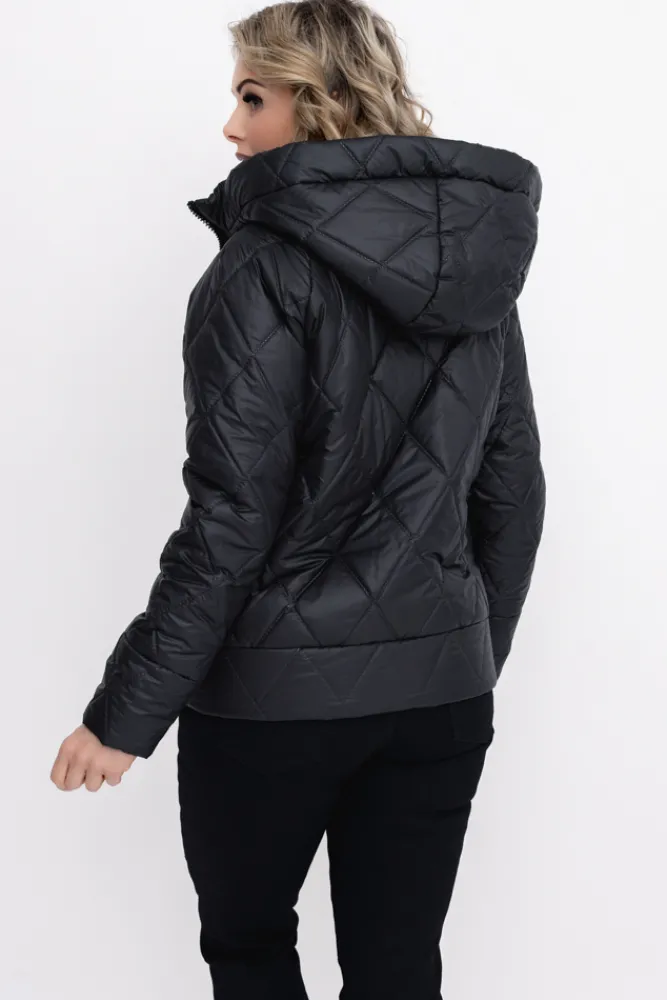 Damskie Polski Czarna Kurtka pikowana z kapturem MERMENDI