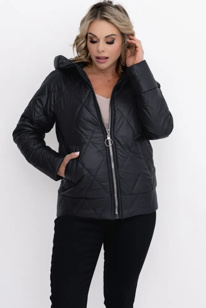 Damskie Polski Czarna Kurtka pikowana z kapturem MERMENDI