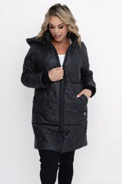 Damskie Polski Czarna Kurtka pikowana z odpinanym kapturem BIZURIA