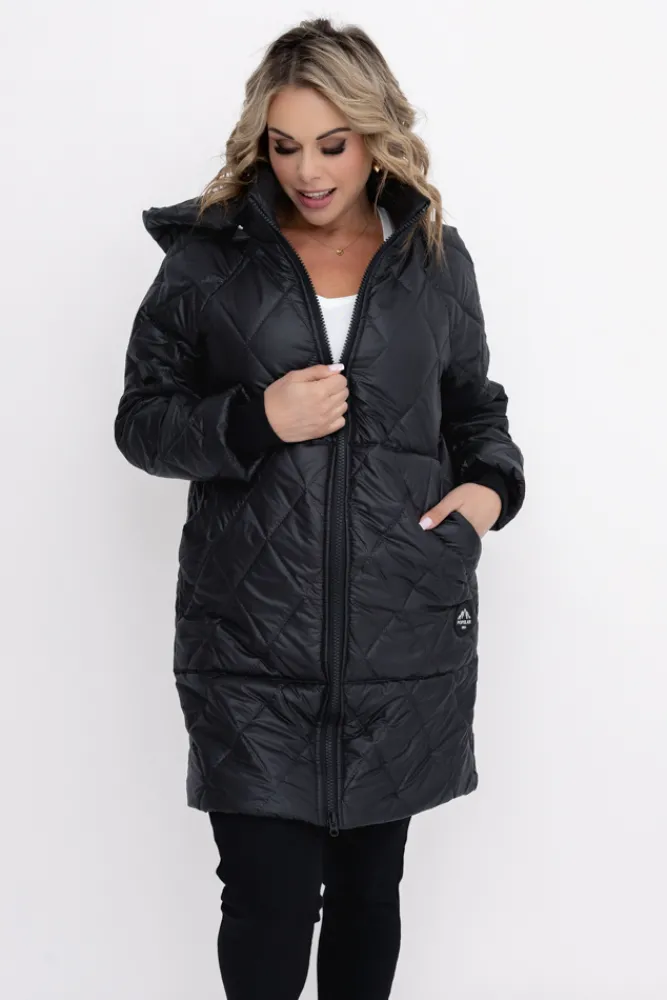 Damskie Polski Czarna Kurtka pikowana z odpinanym kapturem BIZURIA