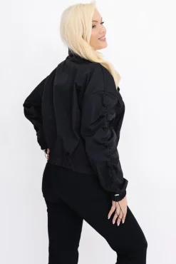 Damskie Włoski Czarna Kurtka z marszczeniami VASTI