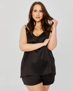 Polski Czarna Piżama satynowa z szortami PELOZI