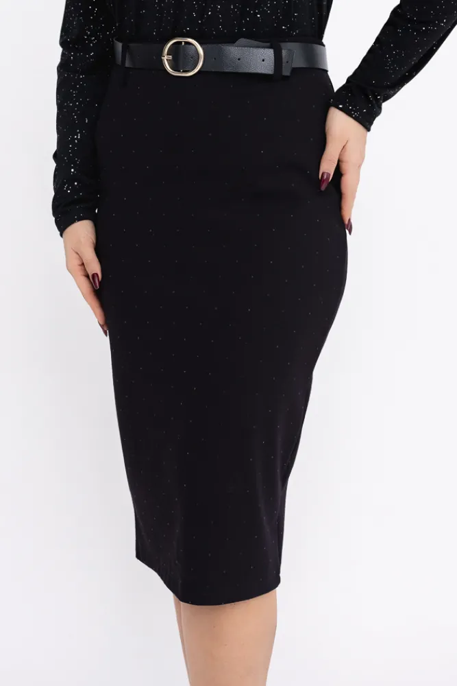 Włoski Czarna Spódnica z dżetami RENGI