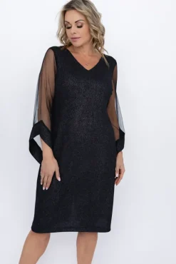 Polski Czarna Sukienka błyszcząca z prześwitującymi rękawami MORTINO