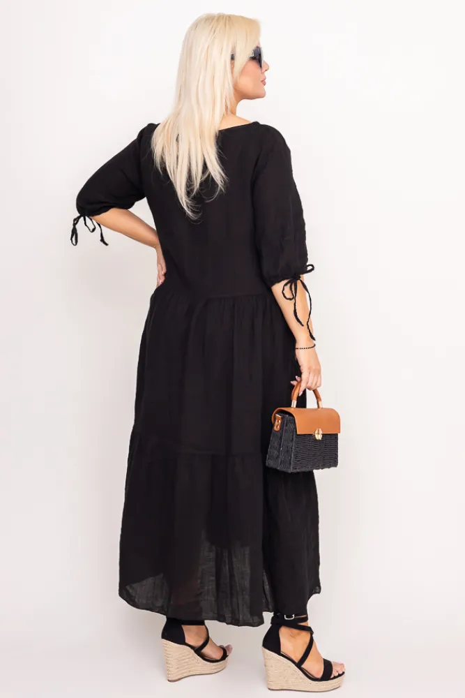 Włoski Czarna Sukienka lniana TRESIA