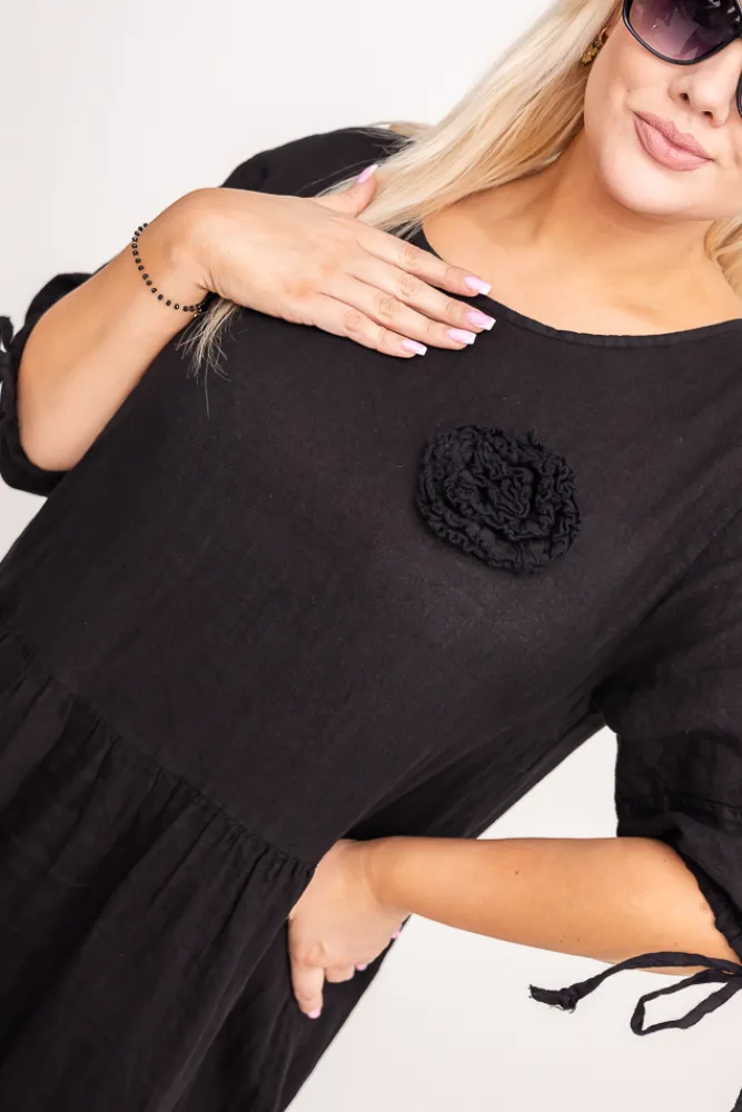 Włoski Czarna Sukienka lniana TRESIA