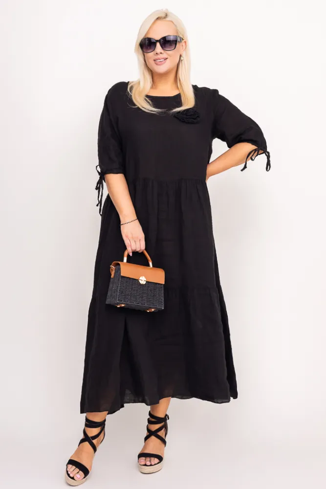 Włoski Czarna Sukienka lniana TRESIA