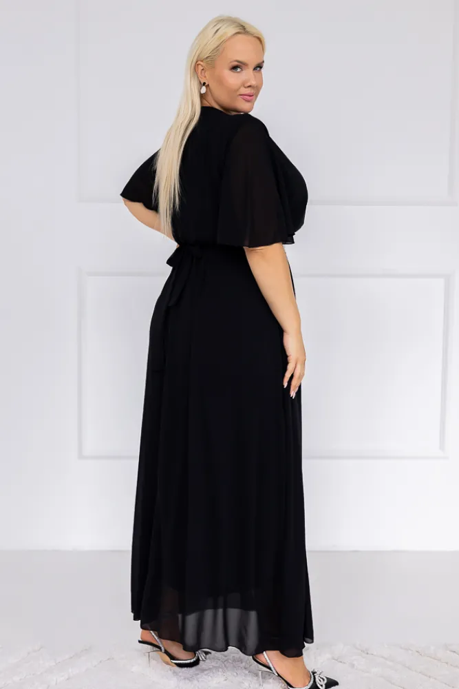 Włoski Czarna Sukienka szyfonowa z paskiem EGELI