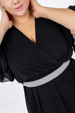 Włoski Czarna Sukienka szyfonowa z paskiem EGELI