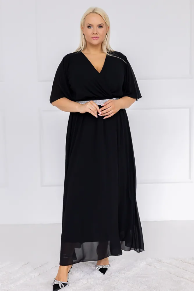 Włoski Czarna Sukienka szyfonowa z paskiem EGELI