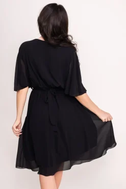 Włoski Czarna Sukienka szyfonowa z paskiem SEMELIA