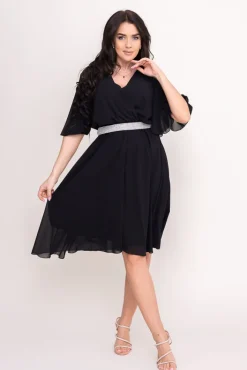 Włoski Czarna Sukienka szyfonowa z paskiem SEMELIA