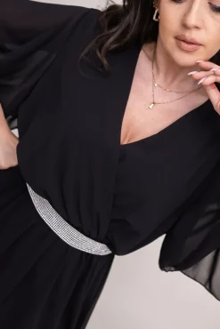 Włoski Czarna Sukienka szyfonowa z paskiem SEMELIA