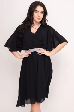 Włoski Czarna Sukienka szyfonowa z paskiem SEMELIA