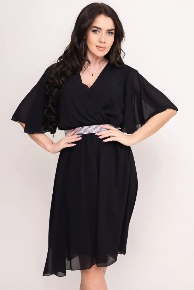 Włoski Czarna Sukienka szyfonowa z paskiem SEMELIA