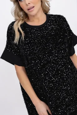 Włoski Czarna Sukienka z cekinami SIMENO