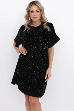 Włoski Czarna Sukienka z cekinami SIMENO