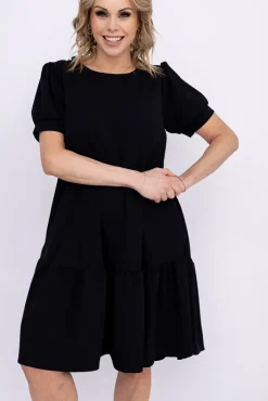 Włoski Czarna Sukienka z falbaną DOLIEN