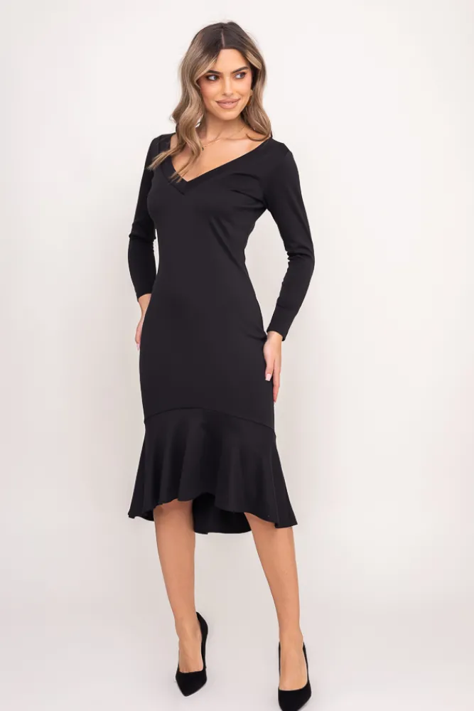 Polski Czarna Sukienka z falbaną AVATINA