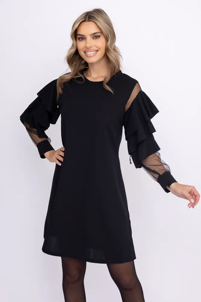 Włoski Czarna Sukienka z falbanami DARIEN