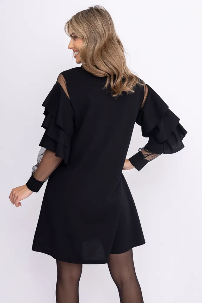 Włoski Czarna Sukienka z falbanami DARIEN