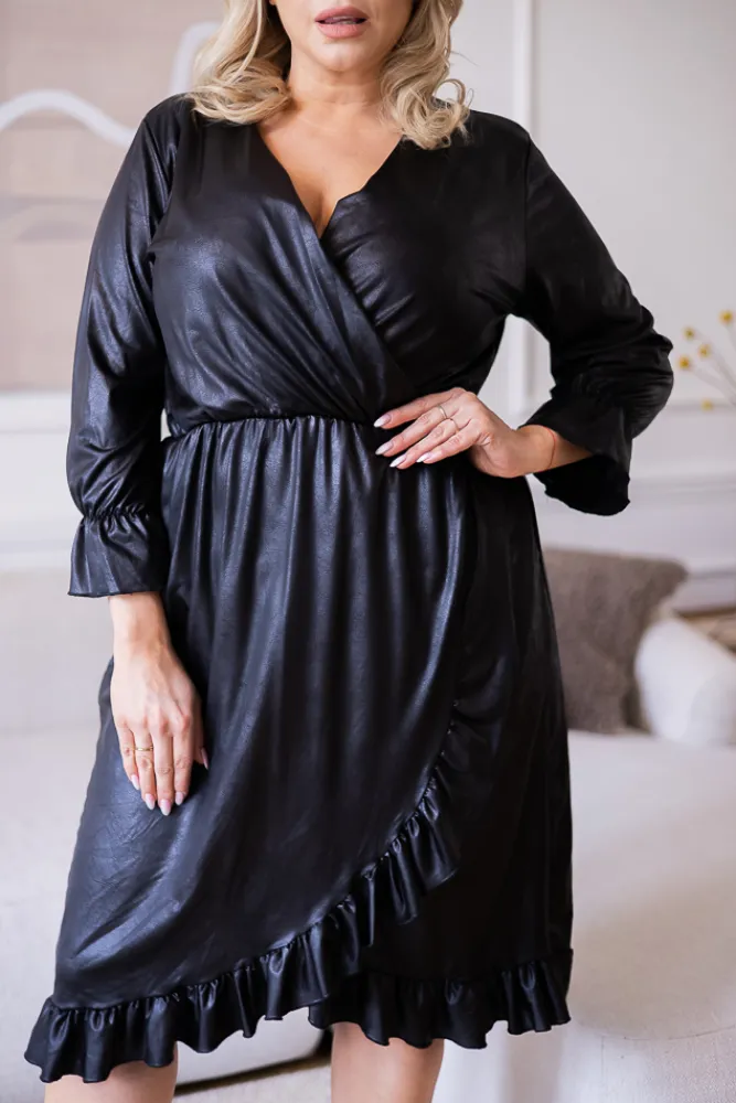 Polski Czarna Sukienka z falbanką MELGI