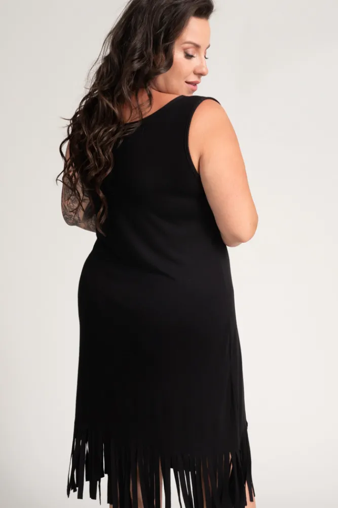 Polski Czarna Sukienka z frędzlami RIVIO