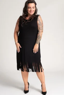 Polski Czarna Sukienka z frędzlami RIVIO