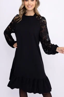 Włoski Czarna Sukienka z koronkowymi rękawami VIZURI