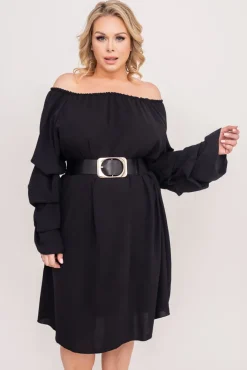 Polski Czarna Sukienka z marszczonymi rękawami ALBEGA