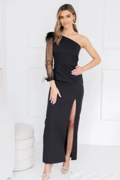 Polski Czarna Sukienka z piórami ALIKSA