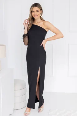 Polski Czarna Sukienka z piórami ALIKSA