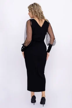 Włoski Czarna Sukienka z prześwitującymi rękawami MERVIEN