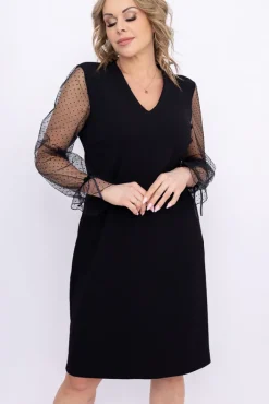 Polski Czarna Sukienka z prześwitującymi rękawami SEMUNTO