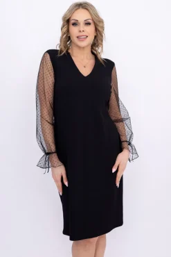 Polski Czarna Sukienka z prześwitującymi rękawami SEMUNTO