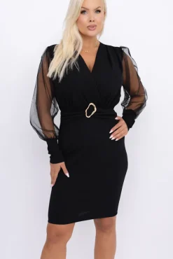 Włoski Czarna Sukienka z prześwitującymi rękawami VIZENTI