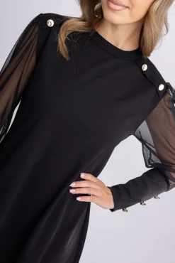 Włoski Czarna Sukienka z prześwitującymi rękawami ARTIGA